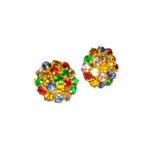 Vintage Crystal Flowers Earrings, Colorful Sparkle Bouquet, Prong Set Jewel Tone